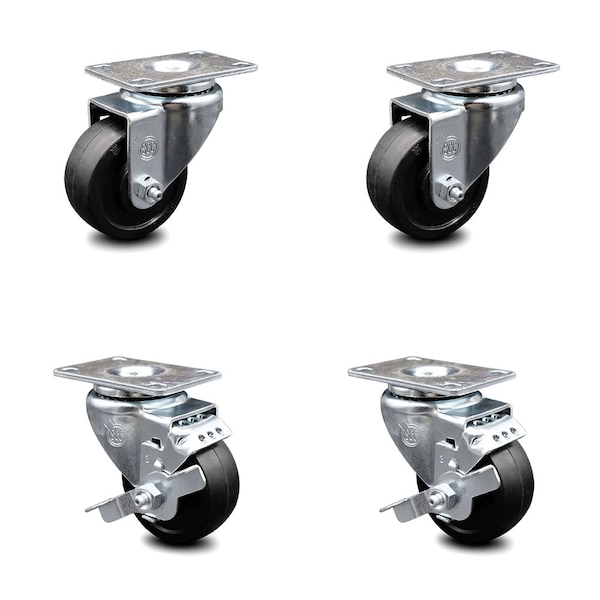 3 Inch Soft Rubber Wheel Swivel Top Plate Caster Set with 2 Brakes SCC